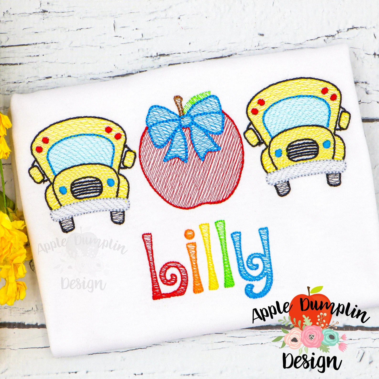 3 in a Row, Bus Apple Trio with Bow, Sketch Embroidered Shirt