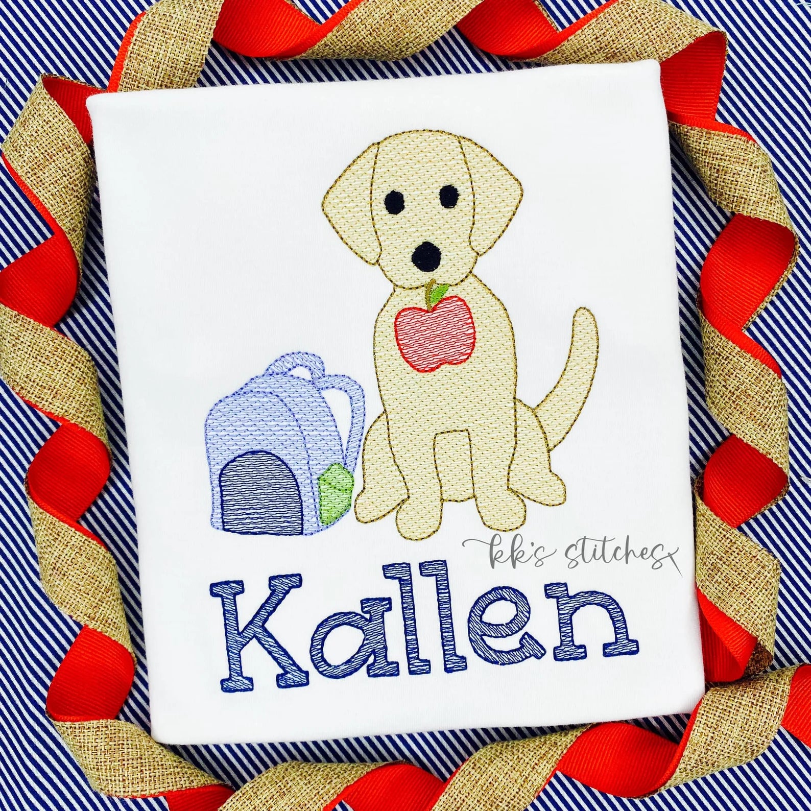 Back to school lab puppy dog with apple and back pack sketch Embroidered Shirt